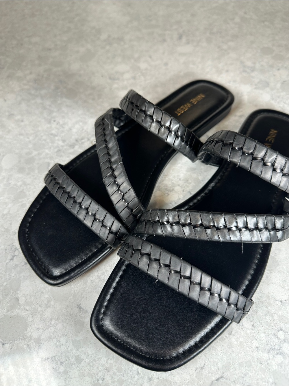 Nine West Black Braided Triple-Strap Slide Sandals